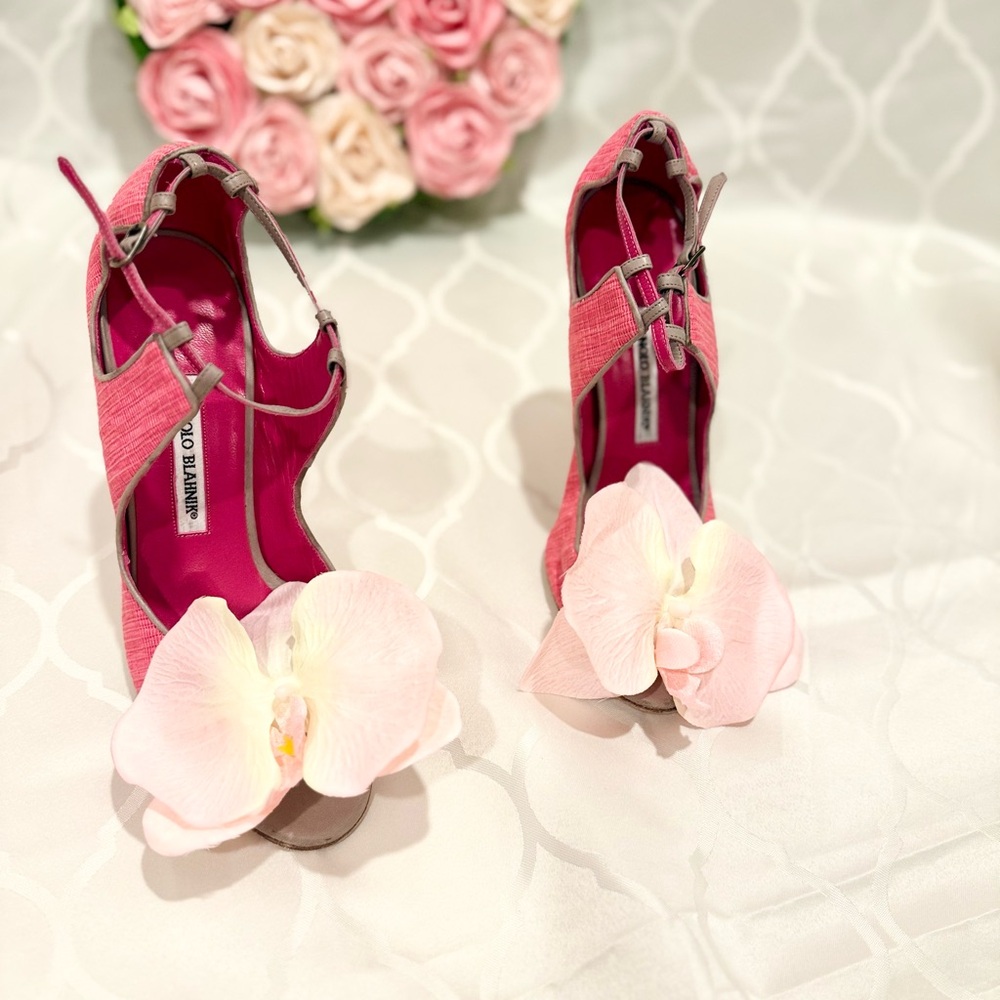 Up-cycled Manolo Blahnik Orchid heels sandals shoes 40 leather slingback straps - Picture 7 of 11